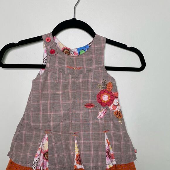 Gagou Tagou‎ Plaid Dress Jumper Sleeveless Embroidered Floral Brown 24M Cottage - Picture 4 of 10